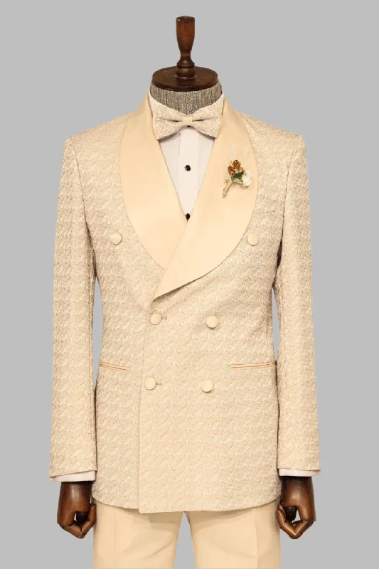 Satin Shawl Collar Patterned Double Breasted  Champagne Men Tuxedo Suit - Wessi