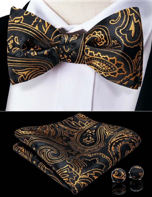 Golden Black Paisley Self-tied Bow Tie Hanky Cufflinks Set