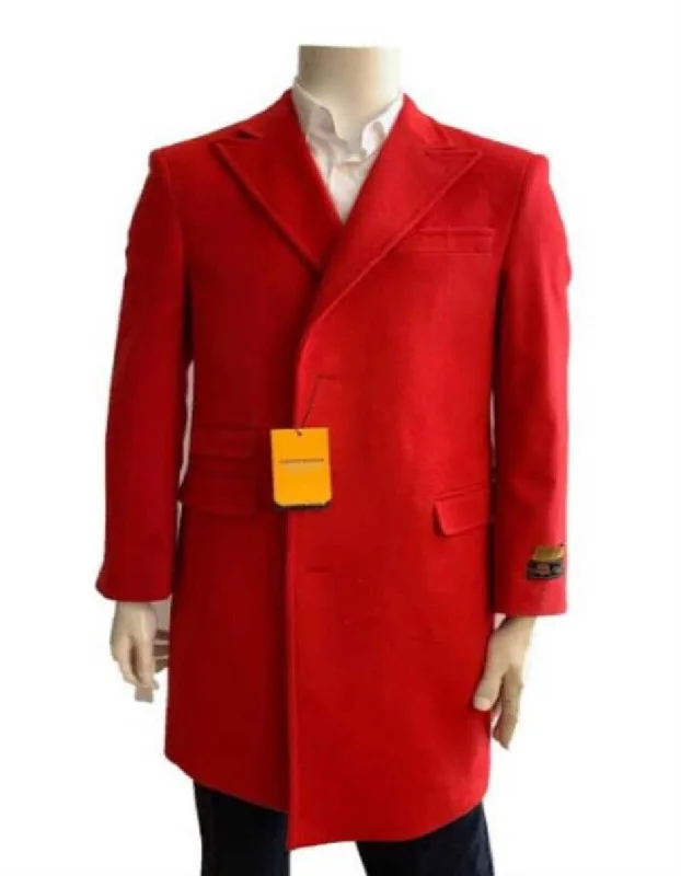 Mens Overcoat - Wool Three Quarter Car coat + Red