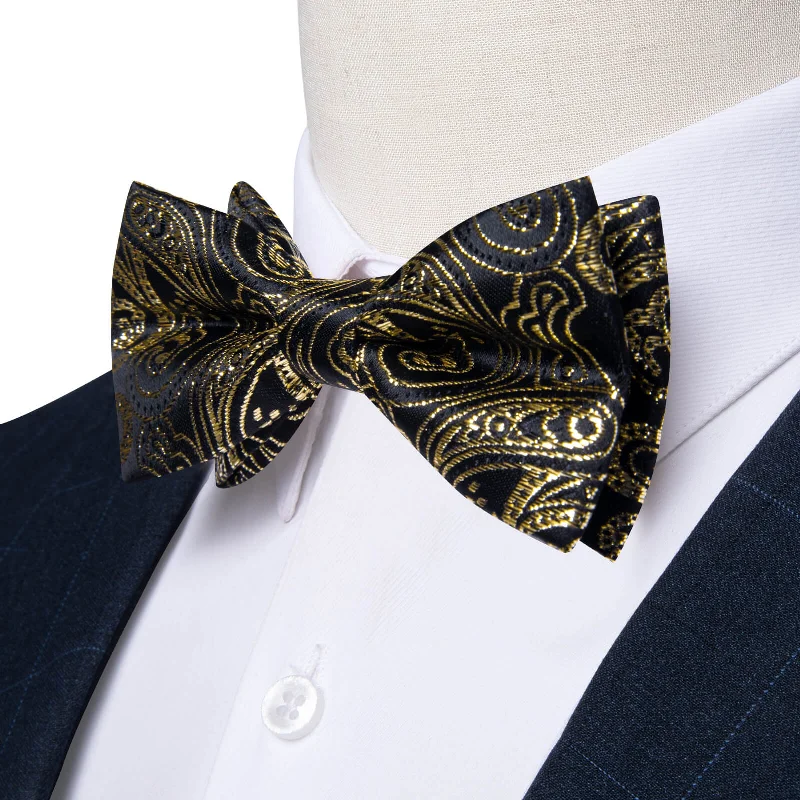 Ties2you Kids Bow Tie Black Gold Jacquard Floral Silk Bow Tie Set