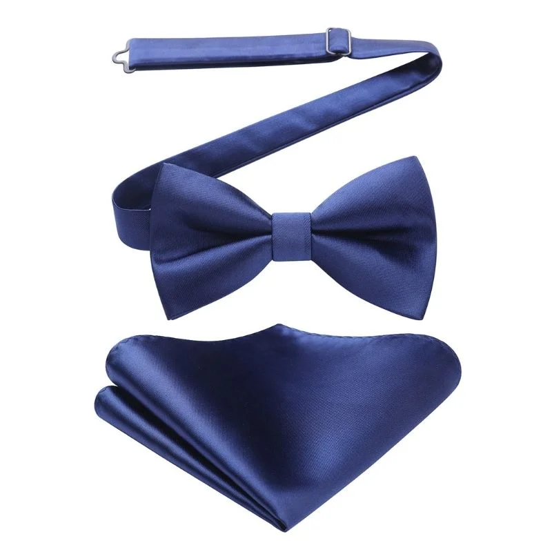 Solid Pre-Tied Bow Tie & Pocket Square - V-NAVY BLUE 1