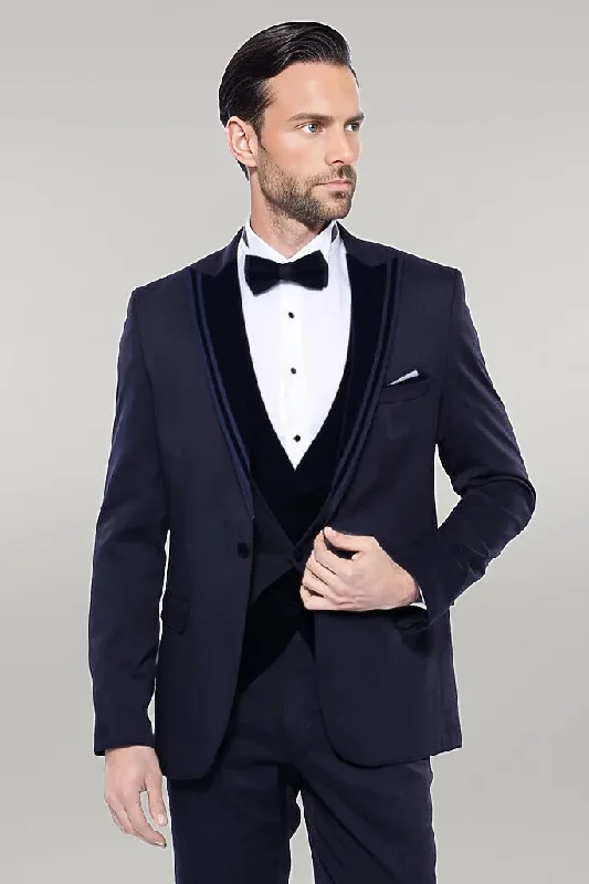 Velvet Collar Patterned Dark Blue Tuxedo - Wessi