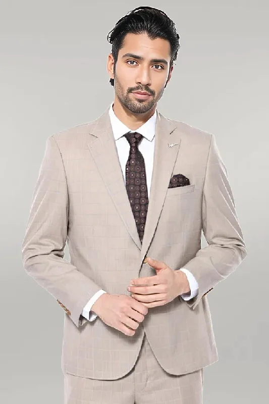 4 Drop Checked Regular Fit Beige Suit - Wessi