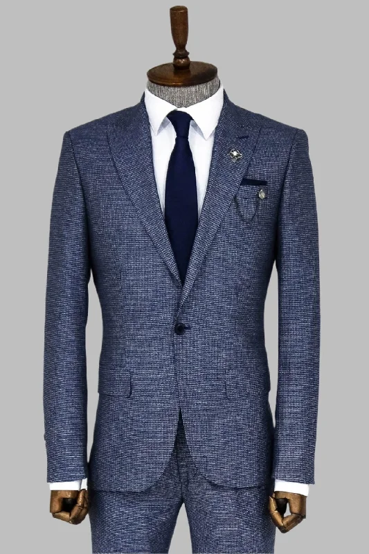 Slim Fit Houndstooth Patterned 2 Piece Navy Blue Men Suit - Wessi