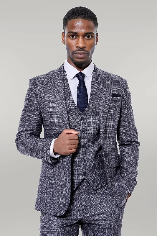 Patterned Vested Slim-Fit Navy Blue Men Suit - Wessi