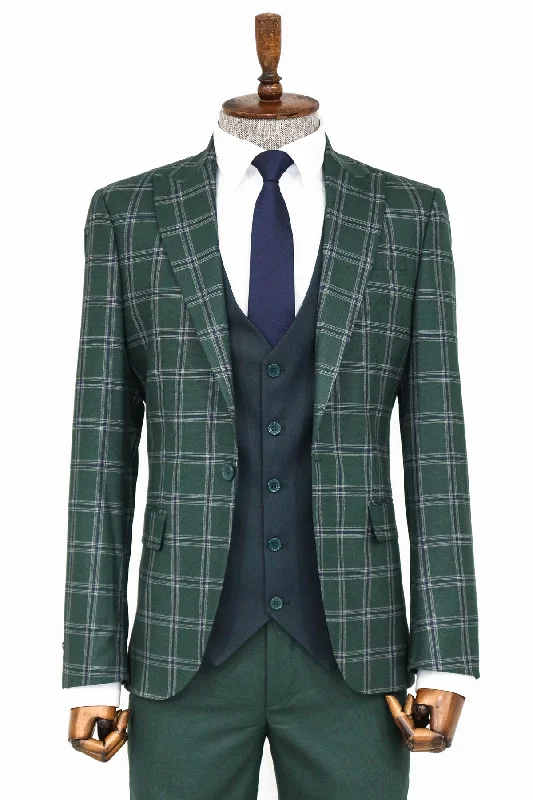 Checked Patterned Slim Fit Green Men Suit and Shirt Combination - Wessi