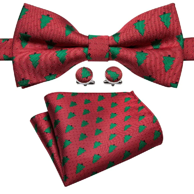 Red Tree Silk Pre-tied Bow Tie Hanky Cufflinks Set