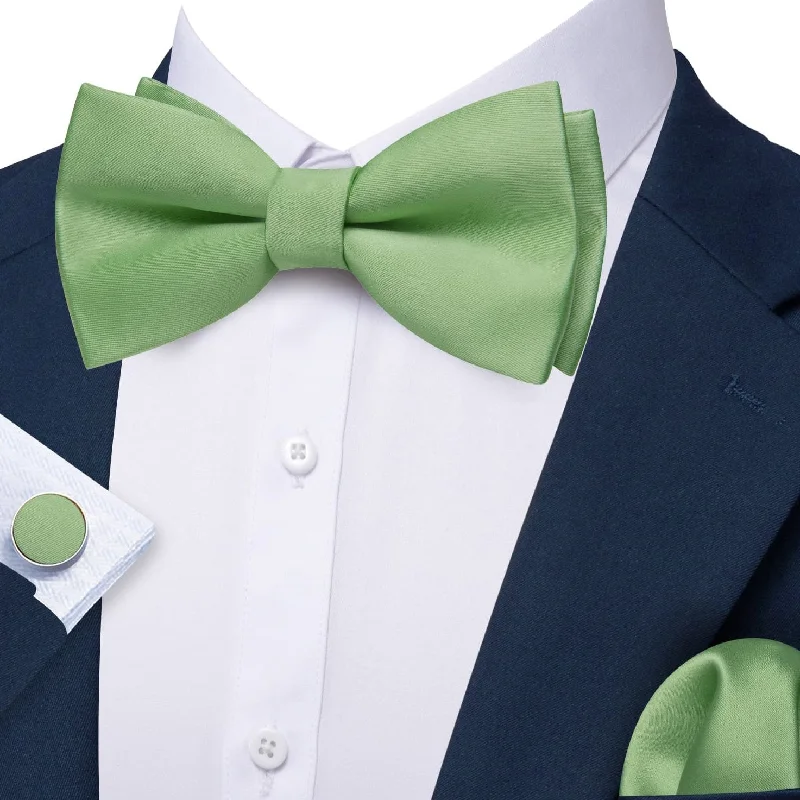 Barry Wang Mint Green Silk Pre-Tied Men's Bow Tie Hanky Cufflinks Set