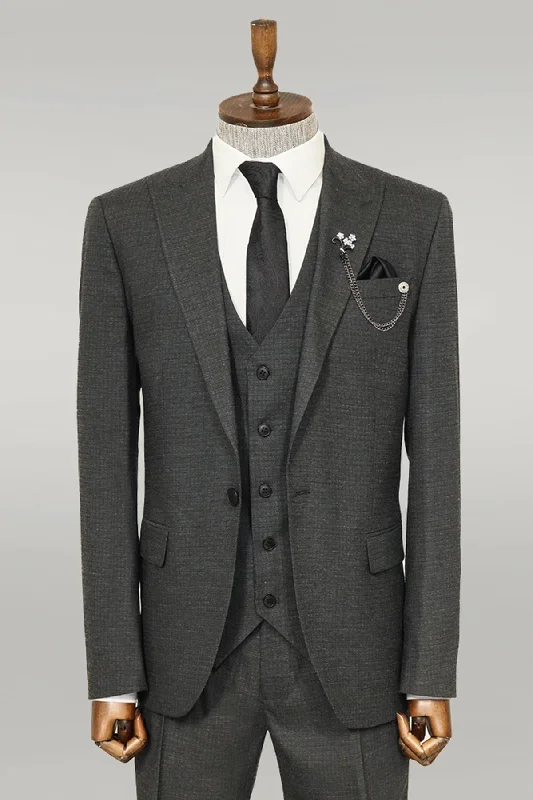 3 -Piece Single Button Peak Lapel Dark Grey Men Suit - Wessi