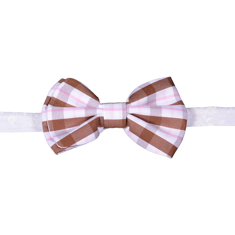 White bowtie with brown and pink plaid