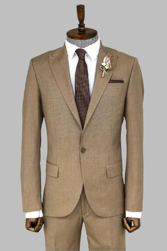 2 Piece Patterned Slim Fit Dark Beige Men Suit - Wessi