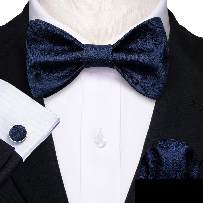 Ultra Marine Paisley Silk Bow Tie Hanky Cufflinks Set