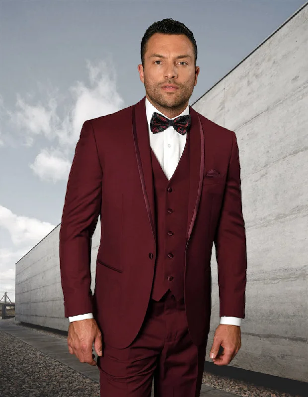 Statement Caesar 3 Piece Shawl Lapel Tuxedo - Burgundy