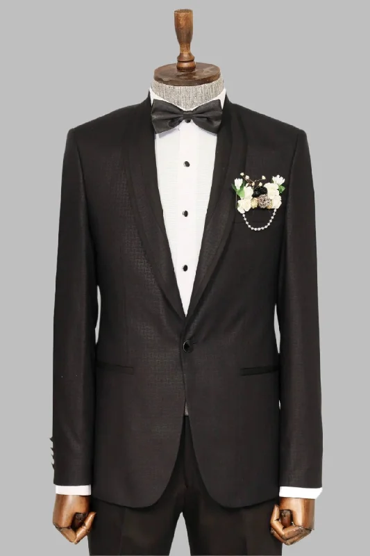 Shawl Lapel Patterned Black Men Wedding Suit | Wessi