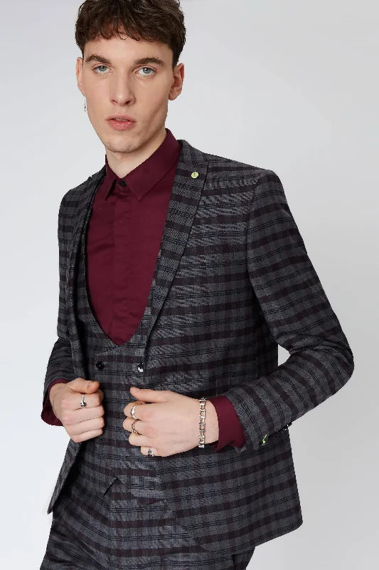 Besen Skinny Fit Suit Jacket in Burgundy and Grey Check - ARCHIVE