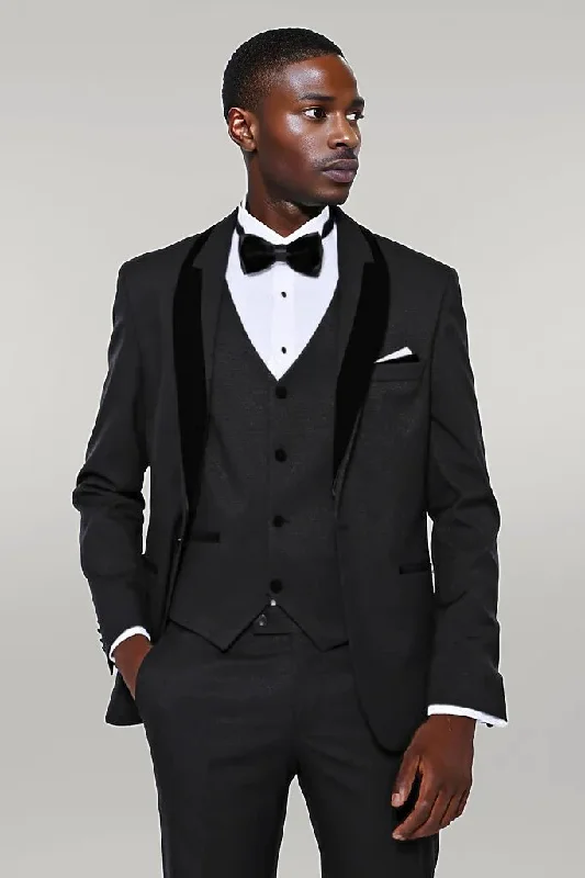 Patterned Velvet Lapel Black Men Tuxedo - Wessi