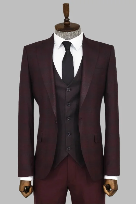 Slim Fit Checked Burgundy Men Suit - Wessi