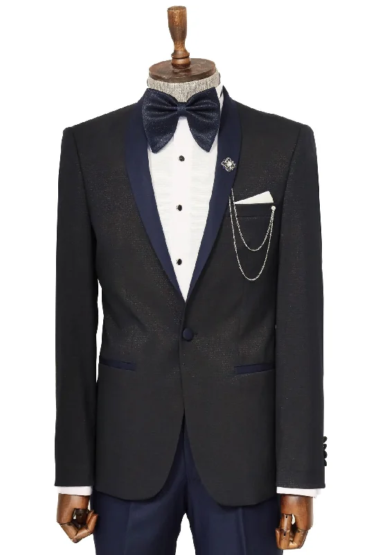 Shawl Lapel Double Breasted Navy Blue Suit | Wessi