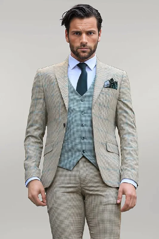 Checked Patterned Slim Fit Beige Men Suit - Wessi