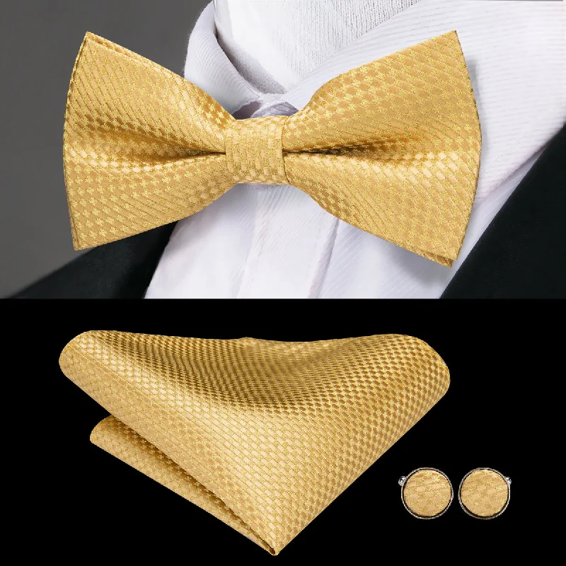 Golden Yellow Plaid Pre-tied Bow Tie Hanky Cufflinks Set