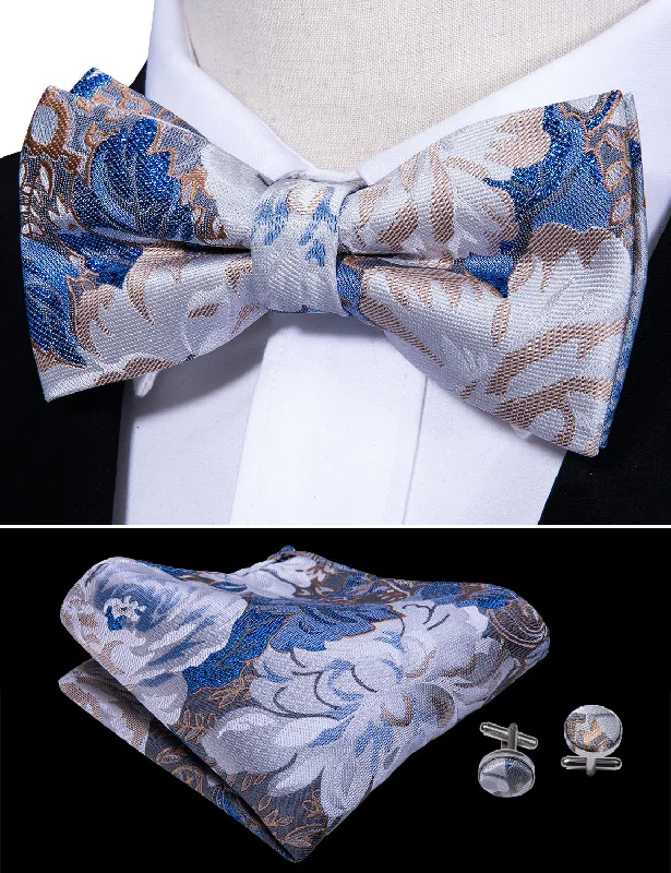 Blue White Champagne Floral Pre-tied Bow Tie Hanky Cufflinks Set