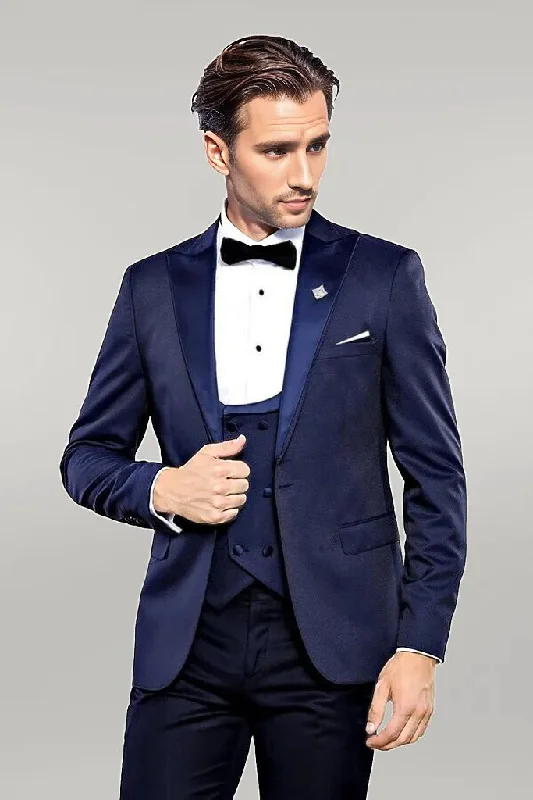 Detachable Lapel Navy Blue Men Tuxedo - Wessi