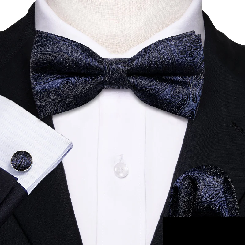 Black Blue Paisley Pre-tied Silk Bow Tie Pocket Square Cufflinks Set