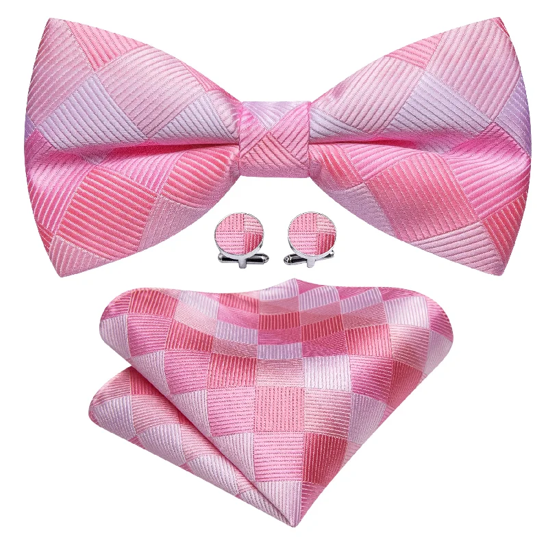 Pink White Plaid Silk Pre Tied Bow Tie Hanky Cufflinks Set