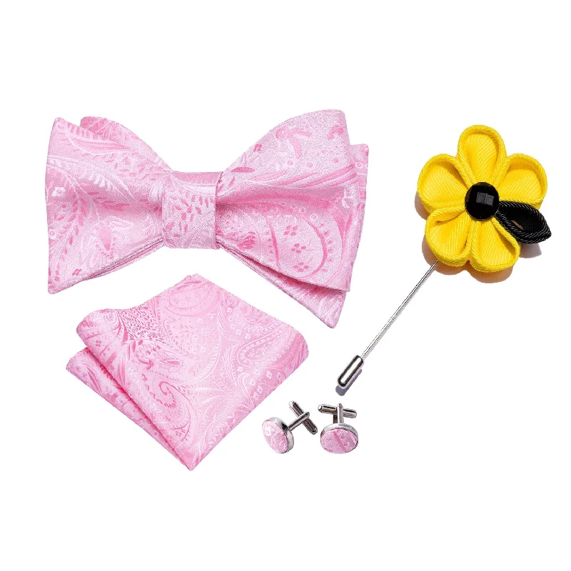 Pink Floral Self Tie Bow Tie Hanky Cufflinks Set