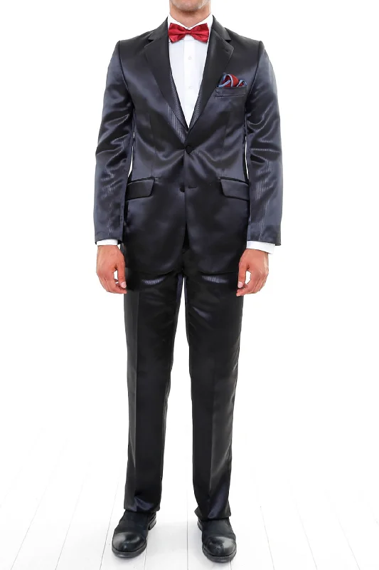 Two Piece Two Buttons Modeled Lapel Satin Black Men Groom Suit