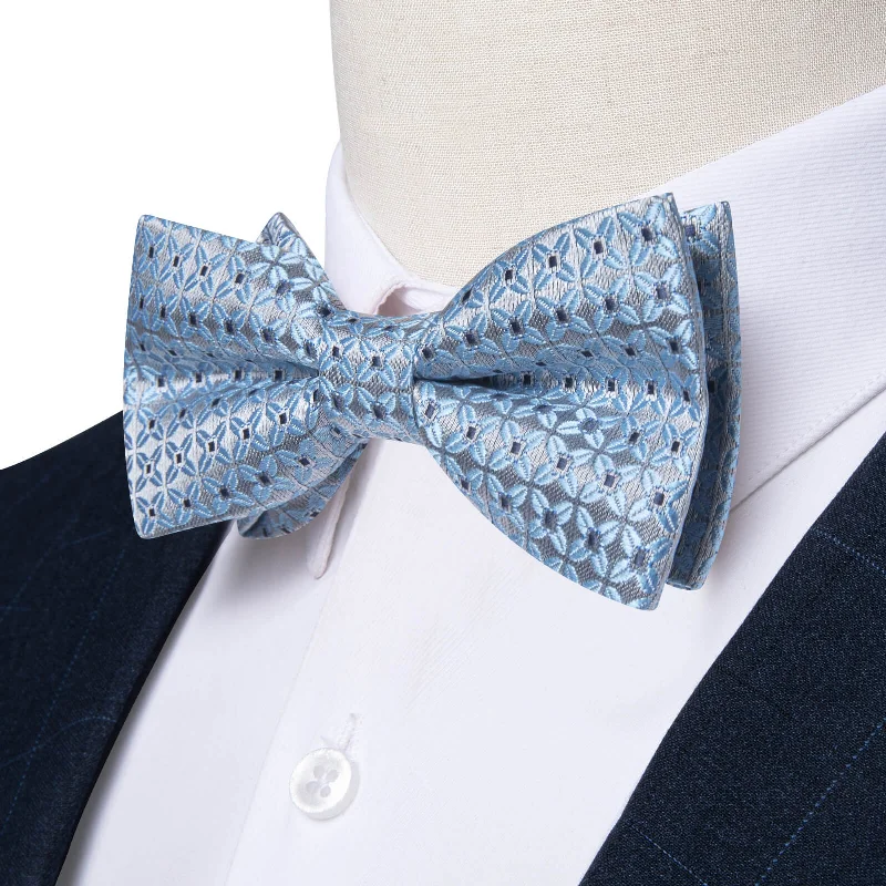 Ties2you Kids Bow Tie Light Blue Grey Plaid Silk Bow Tie Hanky Set