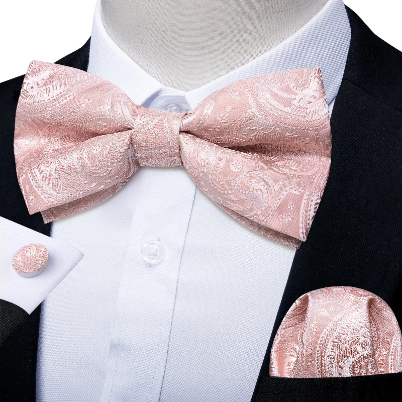 Baby Pink Paisley Men's Pre-tied Bowtie Pocket Square Cufflinks Set