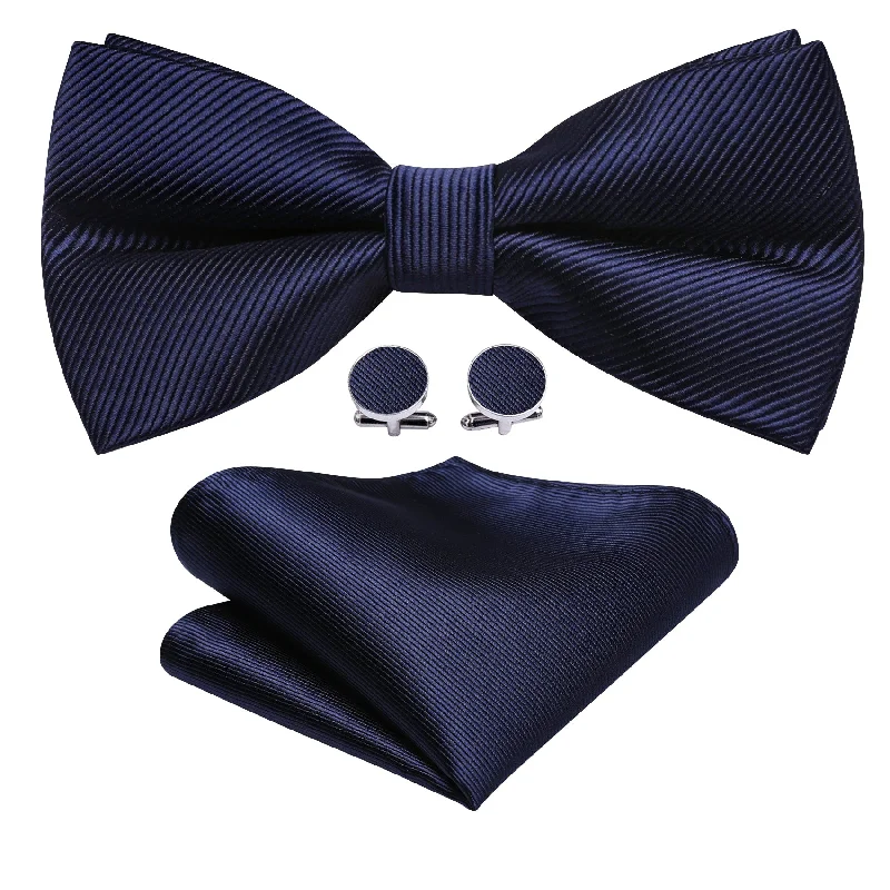 Salvia Blue Solid Pre-tied Bow Tie Hanky Cufflinks Set