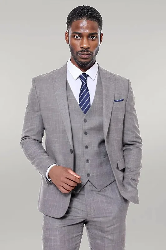 Patterned Vested Slim-Fit Grey Men Suit - Wessi