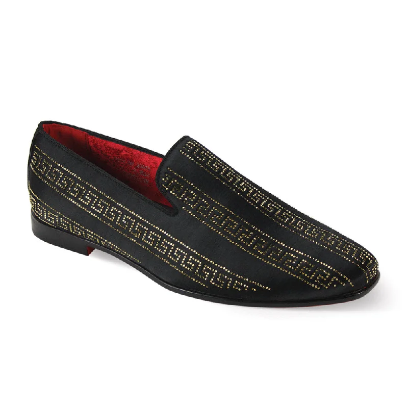 Satin Elegance Collection : Black & Gold Crystal Studded Satin Fabric Plain Toe Smoker Slip-On