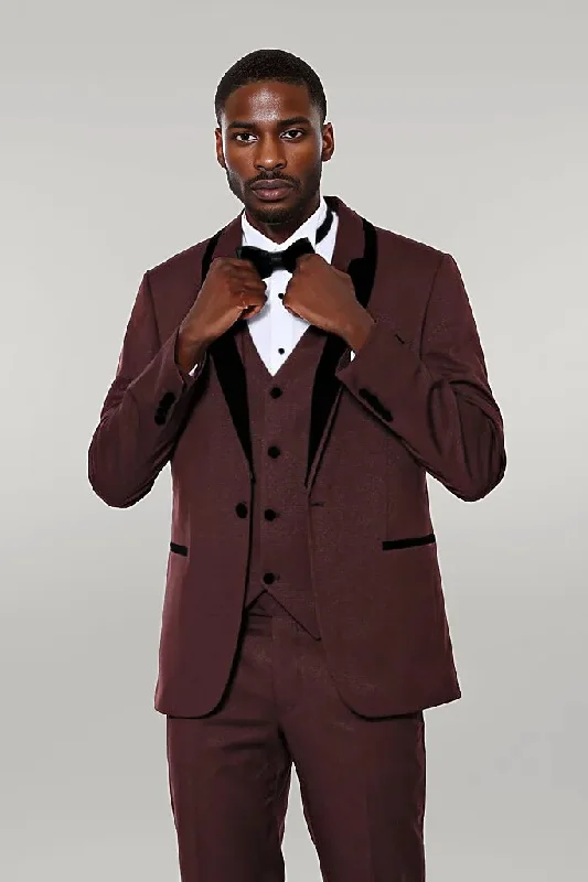 Patterned Velvet Lapel Burgundy Groom Suit - Wessi