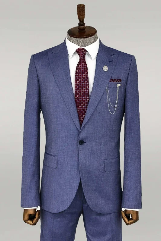 Patterned Two Piece Blue Men Suit - Wessi