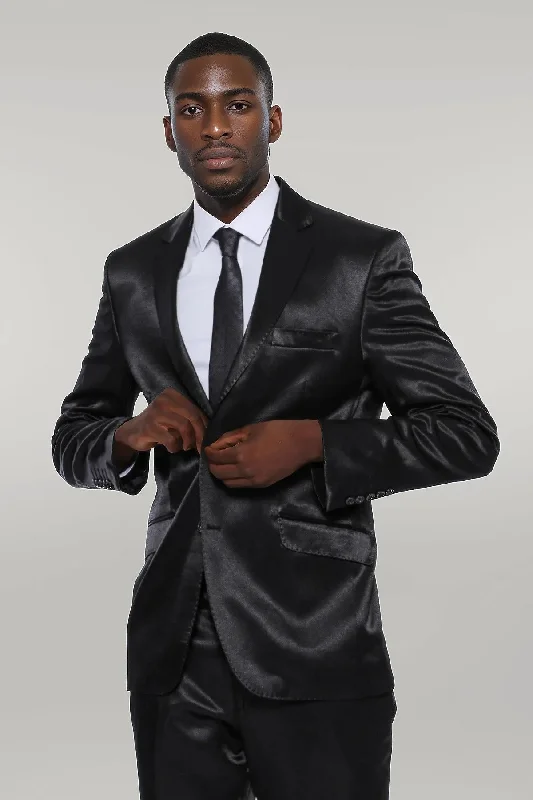 Two Buttons Two Piece Slim Fit Satin Black Men Suit