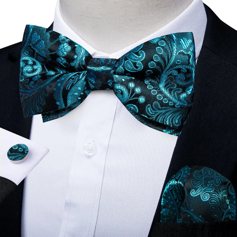 Teal Blue Paisley Men's Pre-tied Bowtie Pocket Square Cufflinks Set