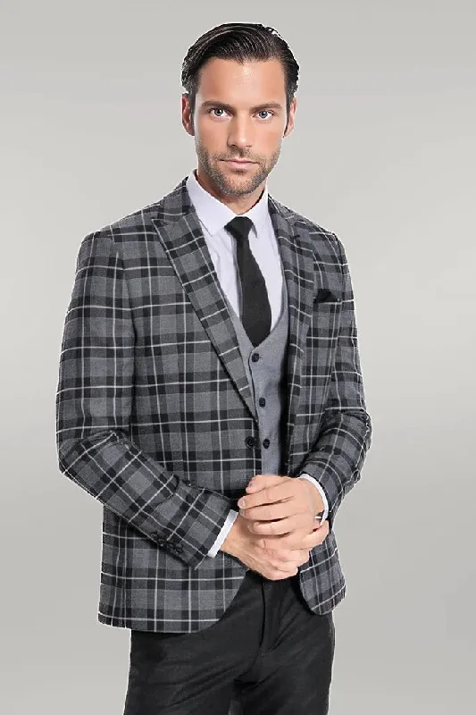 Slim Fit Checked Black Men Suit - Wessi