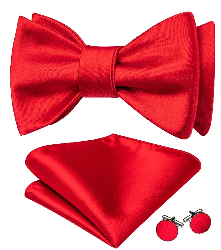 Ties2you Tuxedo Bow Tie Red Solid Men's Silk Wedding Self-Bow Tie Handkerchief Cufflinks Set