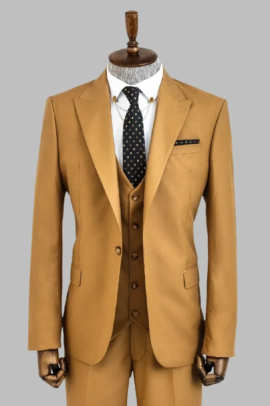 Plain Slim Fit Tan Men Suit - Wessi