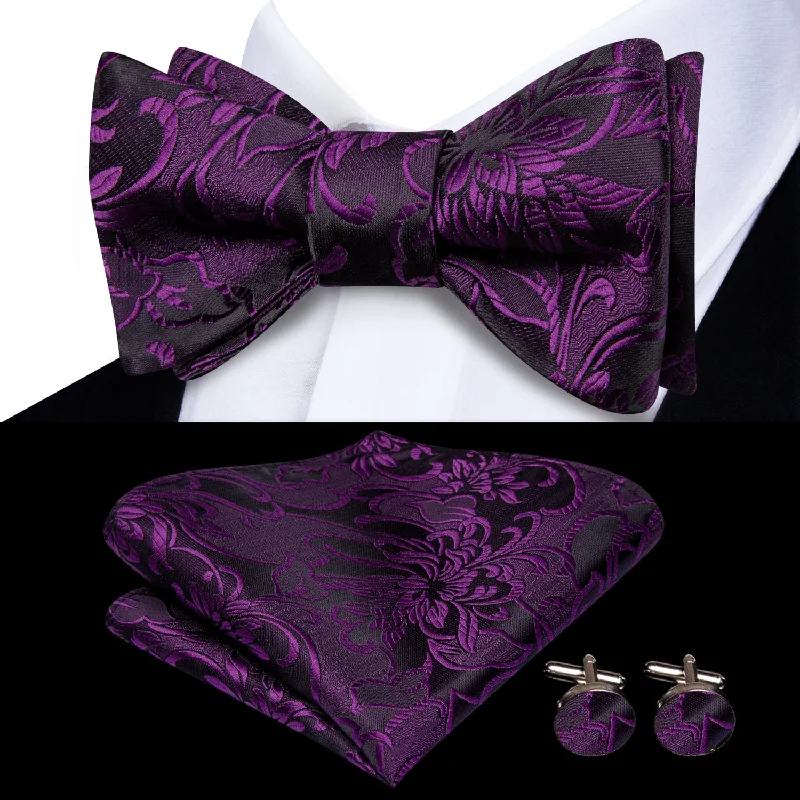 Ties2you Self-tie Bow Ties Violet Purple Floral Silk Mens Bowtie Set for Tuxedo