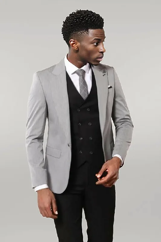 Black Double Breasted Vest Grey Men Suit - Wessi