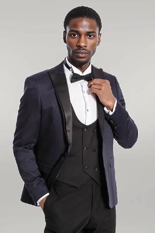 Patterned Combined Navy Blue Men Tuxedo - Wessi