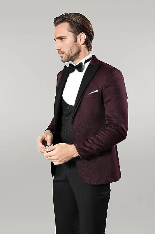 Patterned Blazer Plain Vest and Trousers Claret Red Tuxedo - Wessi