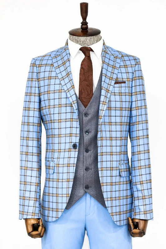 Grey Vested Slim Fit Checked Light Blue Men Suit and Shirt Combination- Wessi