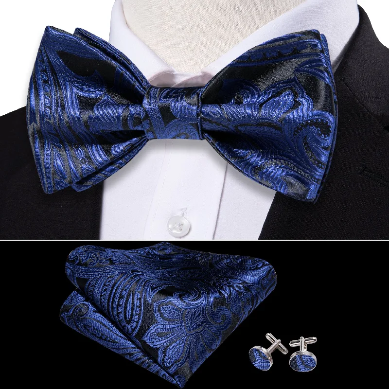 Barry.Wang Blue Tie Black Paisley Self Tie Bow Tie Hanky Cufflinks Set