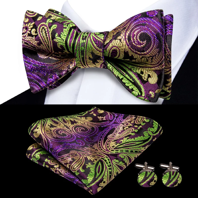 Ties2you Self-tie Bow Ties Green Purple Floral Silk Mens Bowtie Handkerchief Cufflinks Set