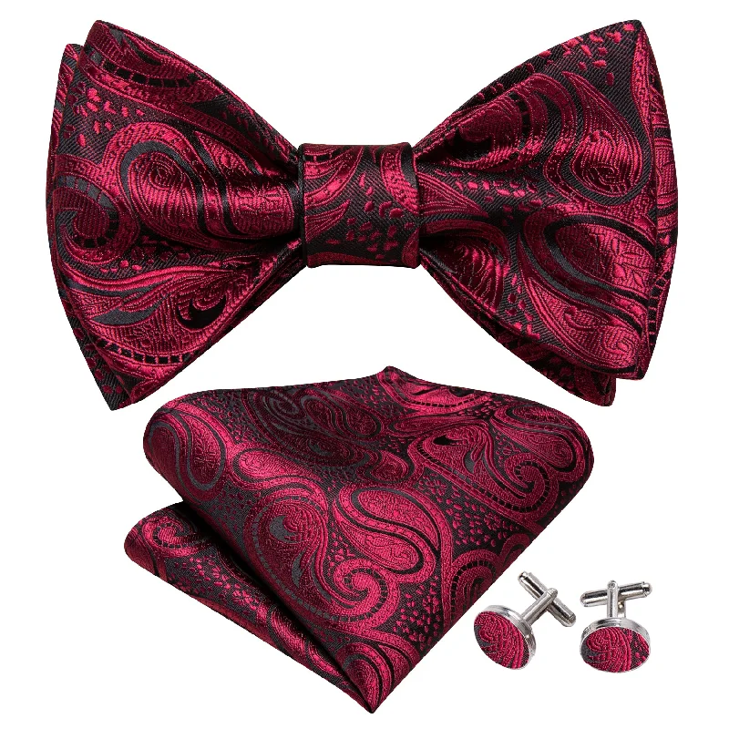 Barry Wang Black Red Paisley Self Tie Bow Tie Hanky Cufflinks Set